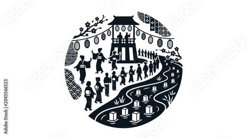 Foto A circular papercut style illustration depicting a traditional Japanese Bon Odori festival dance