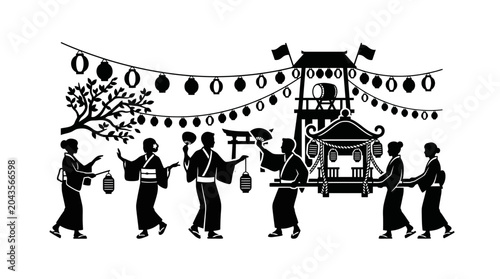 Foto Silhouettes of people in traditional Japanese clothing participating in a festival procession