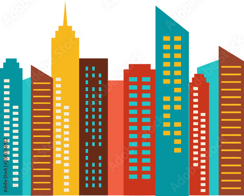 Colorful Flat Vector Cityscape Skyline with Modern Skyscraper Buildings