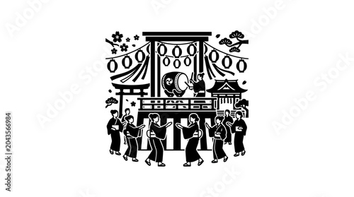 Εκτύπωση καμβά People dancing in traditional Japanese yukata at a festive summer bon odori festival
