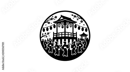 Εκτύπωση καμβά A circular black and white illustration depicting a traditional Japanese Bon Odori festival dance