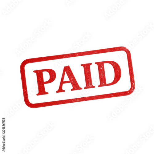 Red paid rubber stamp isolated on transparent background for business invoice document.