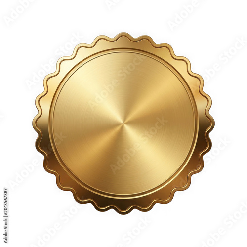 Golden textured seal or badge with serrated edges isolated on transparent background.
