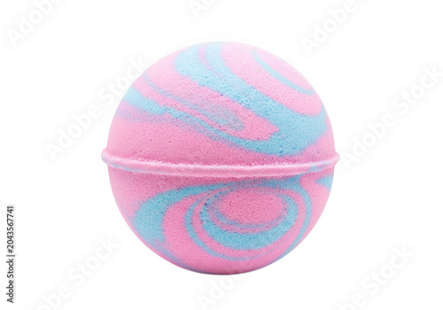 Pink and blue striped bath bomb isolated on transparent background, spa product.