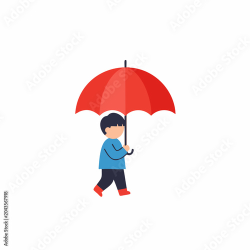Cheerful Child Walking with Red Umbrella in Rainy Weather