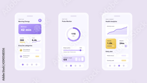 Mobile Wellness Tracker App Screens UI. Vector mobile phone mockup, screens application with UI, UX, Kit. Vector wellness app with workout plan, pulse monitor, health analytics, calories, steps. Vecto