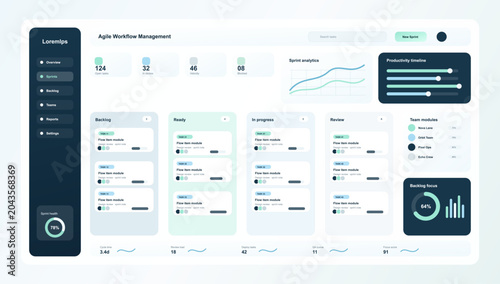 Agile Workflow Management Dashboard UI Vector. Clean agile workflow dashboard UI with kanban boards, sprint analytics, productivity timeline, team modules, backlog focus, sprint health ring. Vector