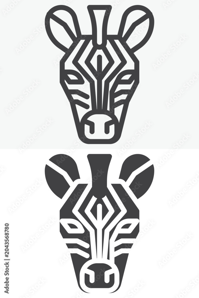 Fototapeta premium Zebra head icon set with striped face. Line, outline and solid icon versions. Editable stroke vector sign and symbol. Zebra icon in different style collection.