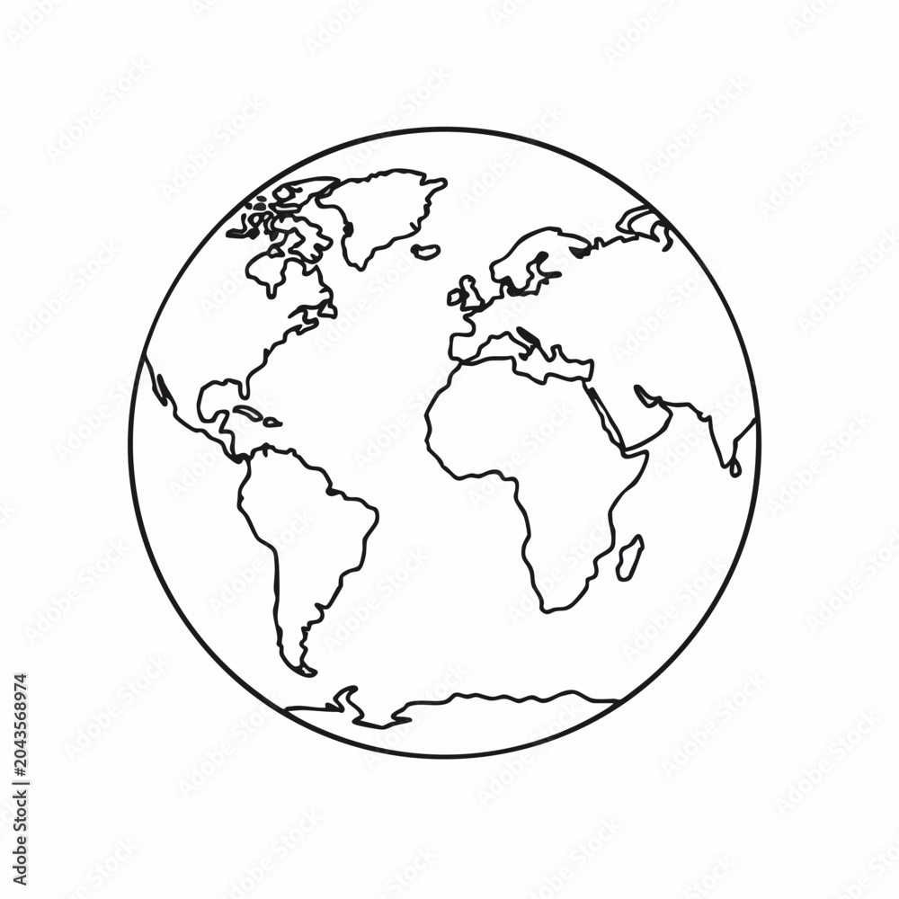 Obraz premium Simplified Black Outline Globe Depicting Continents and Oceans in Minimalist Style
