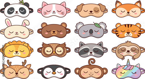 Photography Cute animal sleeping masks collection with funny faces, cartoon blindfold eyewea