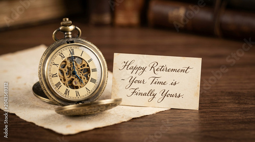 Vintage pocket watch with happy retirement card on wooden desk, antique brass timepiece and calligraphy note, nostalgic retirement celebration concept