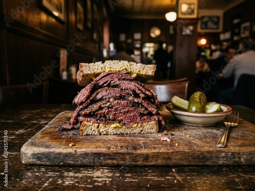 A close-up, eye-level shot of a towering pastrami sandwich on rye bread with yellow mustard, accompanied by a small bowl of pickles and a fork