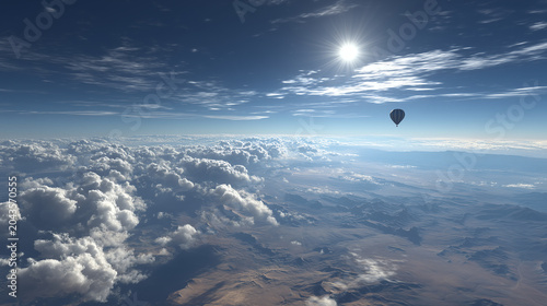 Lone balloon drifting high above a vast sea of clouds over a sunlit desert plateau with scattered cirrus and bright midday sun in a deep blue stratospheric sky