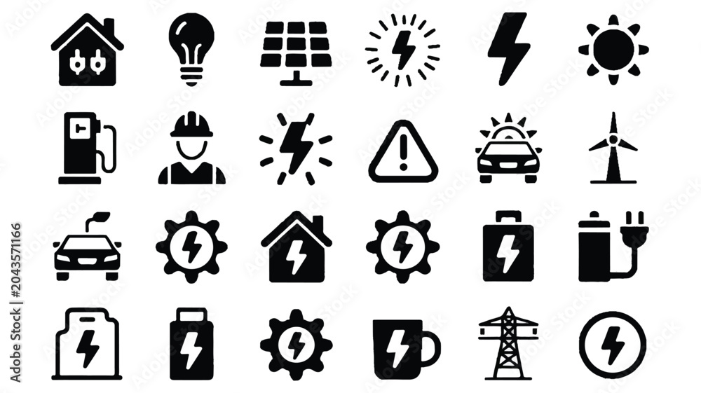 Fototapeta premium A set of battery charge indicators arranged on a white background with various electricity and energy symbols.