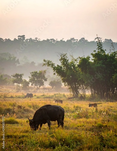 Misty Wild Buffalo Grazing in Golden Grassland at Sunrise Forest Edge