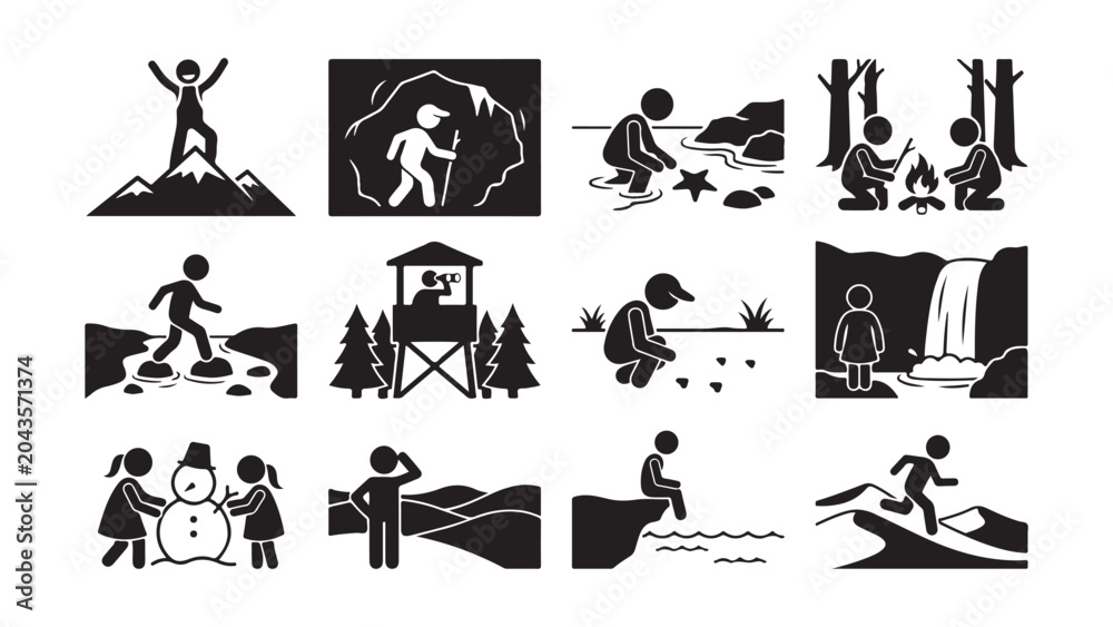 Obraz premium Stick Figure Outdoor Adventure and Nature Exploration Icon Set