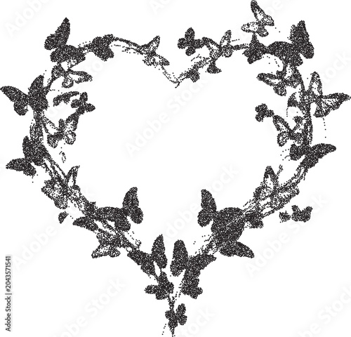 Butterfly heart y2k brutalist stipple graphic, Romantic insects retro halftone vector transparent png isolated, Love 2000s photocopy grunge tattoo design
