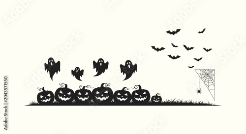 Φωτογραφία Halloween Silhouette Background with Jack-O'-Lanterns Ghosts Bats and Spider Web