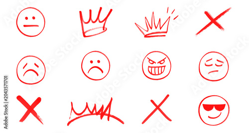 Set of various hand-drawn red doodle icons and emojis on transparent background, including sad faces, crowns, and crosses, graffiti style.