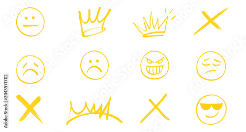 Set of various hand-drawn yellow doodle icons and emojis on transparent background, including sad faces, crowns, and crosses, graffiti style.