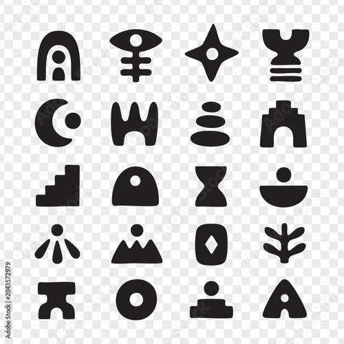 Ancient Tribal Symbols Collection Primitive Ethnic Glyphs Folk Inspired Pictograms Cultural Signs Ritual Marks Black Vector Set