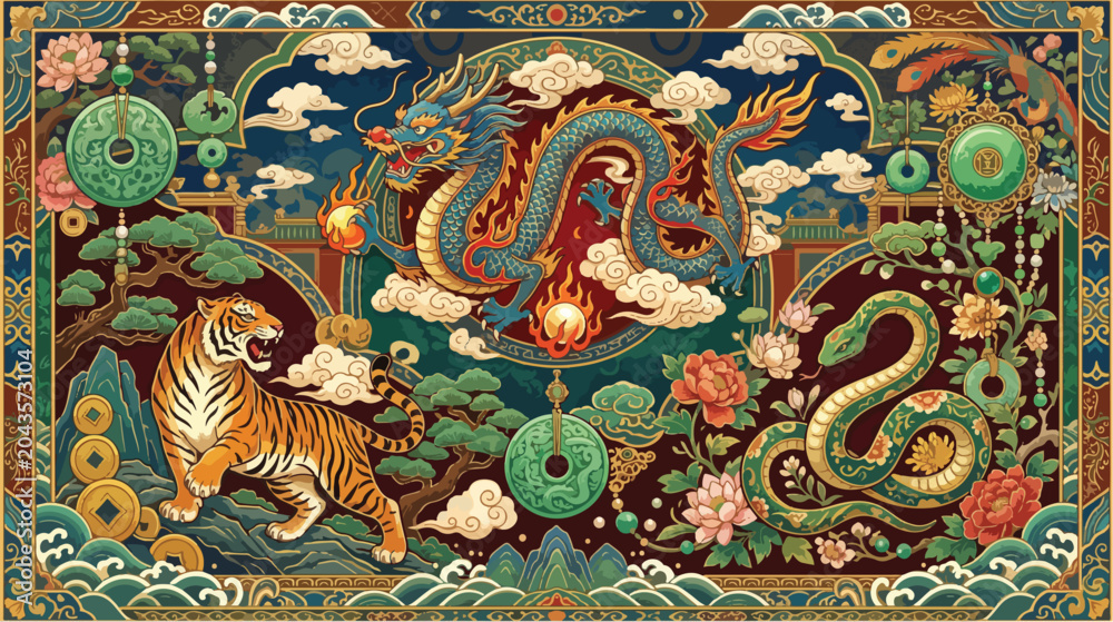 Fototapeta premium Intricate traditional chinese art featuring a majestic dragon tiger and snake with vibrant floral patterns