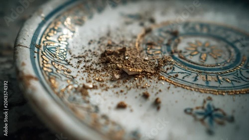 Close-up of a damaged ceramic plate with intricate blue and gold designs, covered in debris