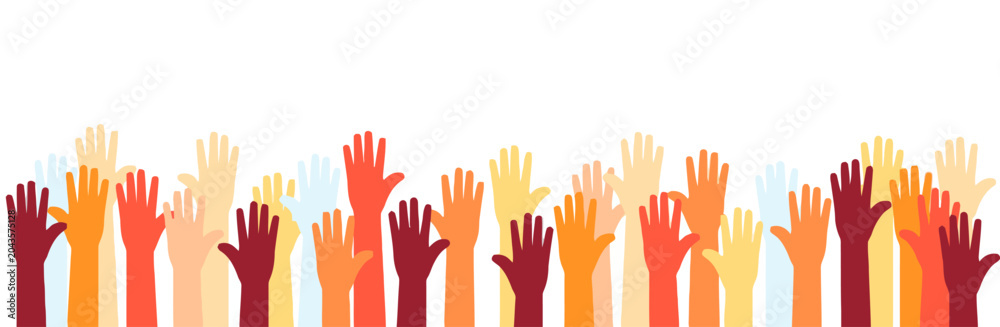 Obraz premium Diverse Multicolored Hands Raised Up Together, Unity and Inclusion