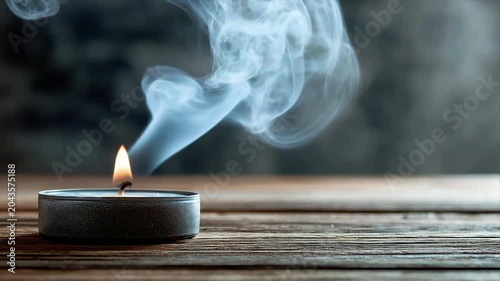 A lit candle with smoke curling upwards sits on a wood surface, blurred background