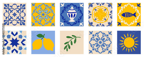 Bild auf Leinwand Tile portugal ornament and blue ceramic portuguese with pattern lemon delft