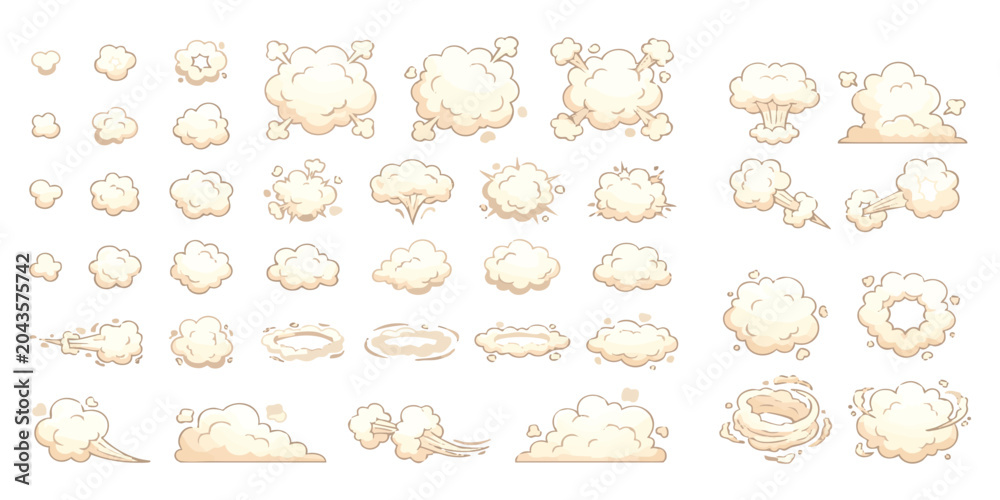 Obraz premium Set of cartoon smoke puff and explosion cloud elements for animation and comics in various shapes and sizes