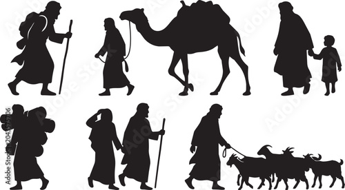 Desert travelers, people walking, camel and flock silhouettes, desert trek, nomadic journey