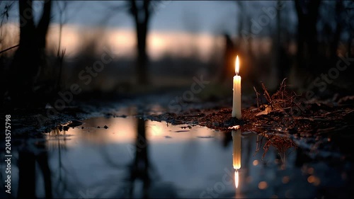 Candle flame burns brightly near reflective water in a dark forest setting