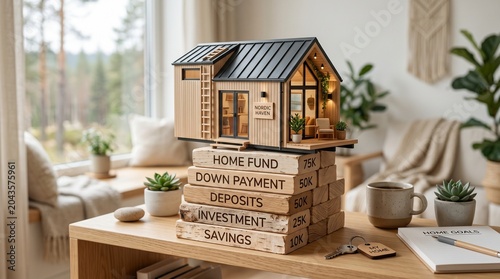 Financial Planning for Homeownership - Miniature House on Wooden Blocks with Savings and Investment