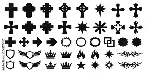 Foto Set of black religious crosses and heraldic symbols including crowns shields win