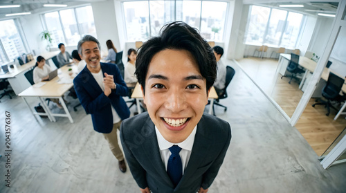 課題の解決策を見つけ目を輝かせる若手ビジネスマン。未来への希望と成長を感じさせる、魚眼レンズのダイナミックなハイアングル素材。