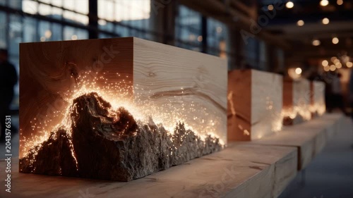 Wooden blocks with textured fronts and light displays, arranged on a surface