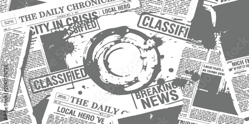 A pile of old black and white newspapers with headlines and a large circular coffee stain in the center