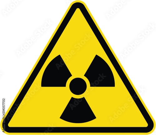 Schilderij op canvas Radiation hazard warning sign with a black trefoil symbol on a yellow triangle b