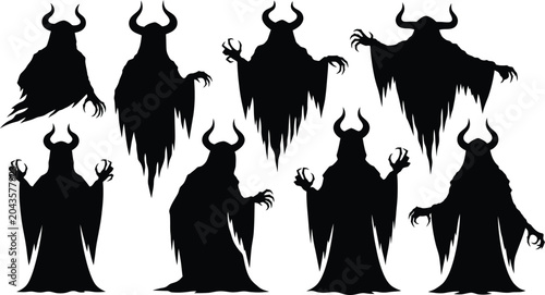 Bild auf Leinwand Black silhouette collection of horned figures with flowing robes
