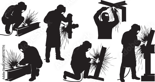 Black silhouettes, welding icons, industrial workers, metalwork illustrations, 7 piece set