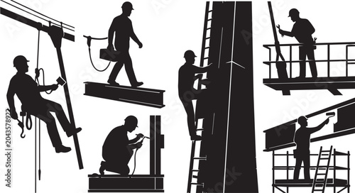 Construction workers, laborers, silhouettes, icons, 6 workers, black, vector graphics