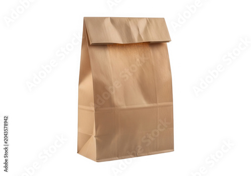 Realistic brown paper bag template folded on white transparent background elements.