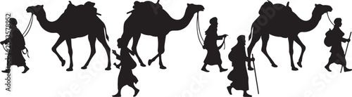 Desert caravan, camel silhouettes, people walking, black icons, vector graphics