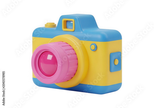 Bright three dimensional toy camera isolated against neutral transparent background.