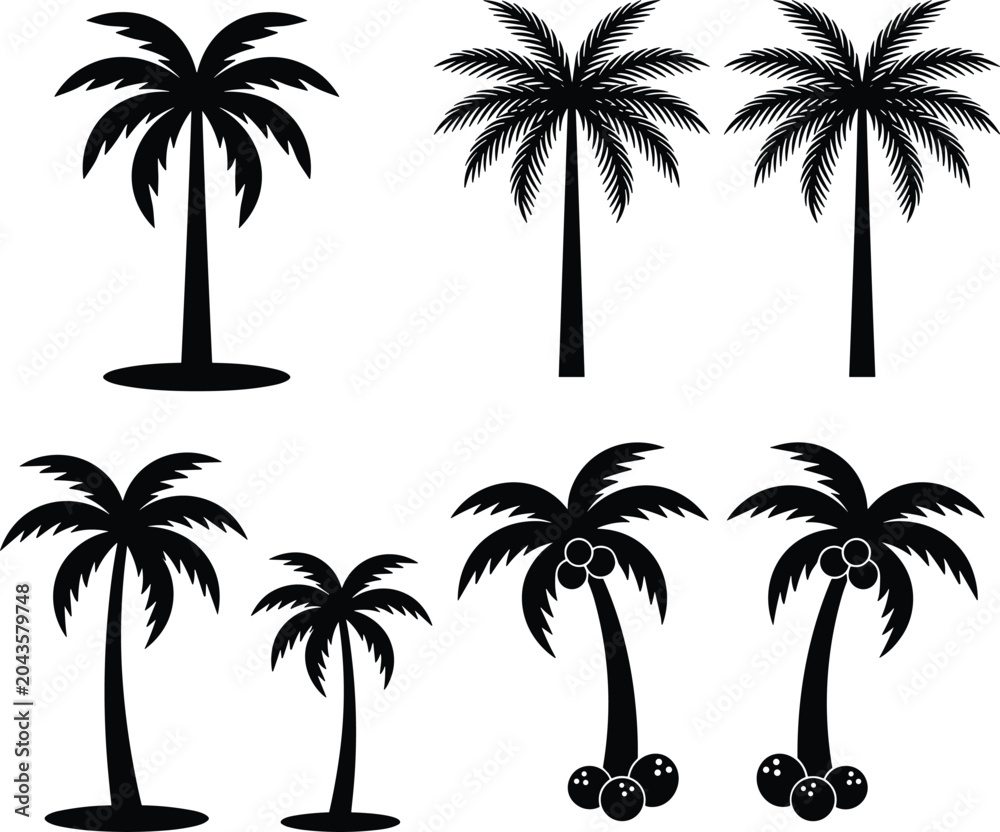 Fototapeta premium Tropical Palm Tree Silhouettes Collection with Coconut Palms and Exotic Island Nature Vector Illustrations
