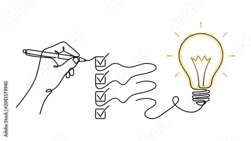 Continuous line drawing of hand holding checklist and lightbulb moment concept.