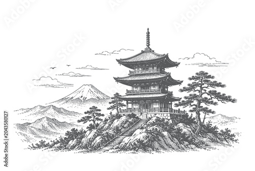 Fotografie ntricate Line Art Vector Illustration of Japanese Pagoda on Mountain Landscape,