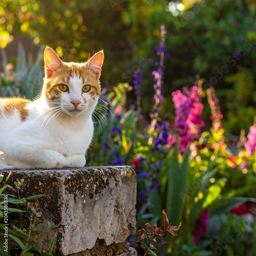 Orange and White Cat Resting on Weathered Stone in Colorful Flower Garden
