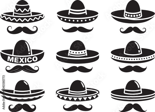 Sombrero hat and mustache icons representing mexican culture celebration and traditional fiesta style.